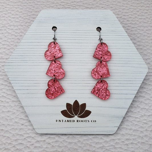 Pink Shimmer Heart Shaped Dangle Earrings with Stainless Steel Hooks