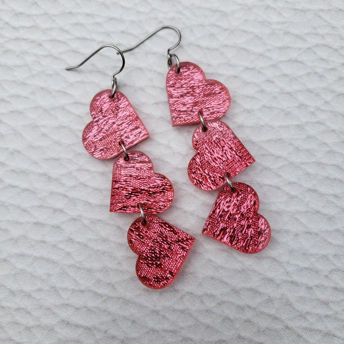 Pink Shimmer Heart Shaped Dangle Earrings with Stainless Steel Hooks