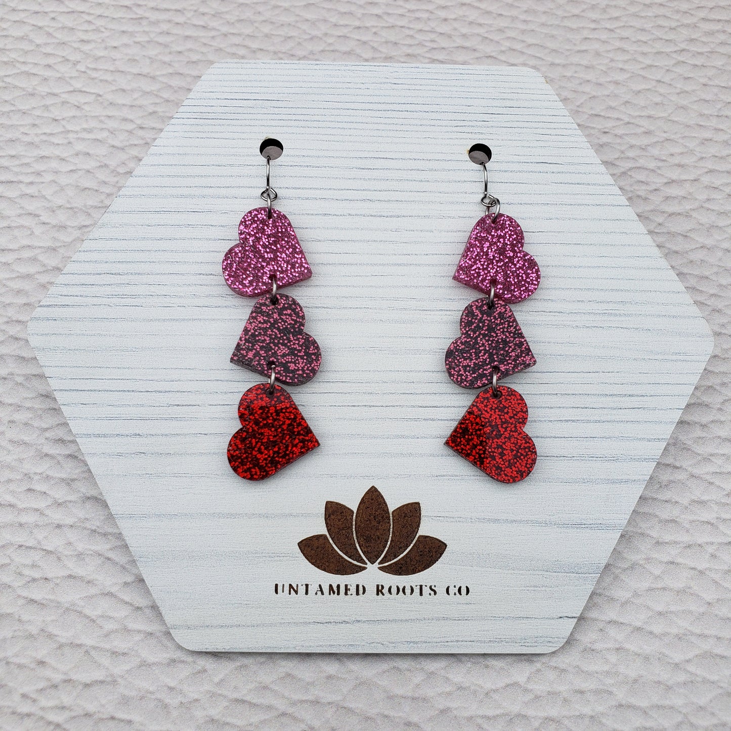 Pink and Red Glitter Tumbling Heart Earrings on Stainless Steel