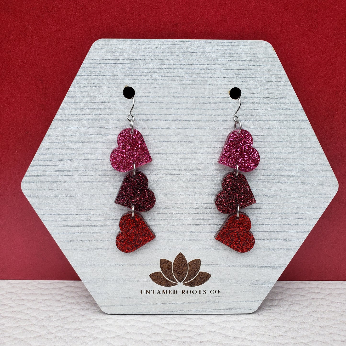 Pink and Red Glitter Tumbling Heart Earrings on Stainless Steel