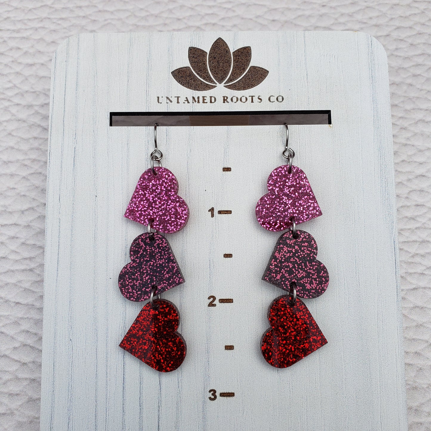 Pink and Red Glitter Tumbling Heart Earrings on Stainless Steel