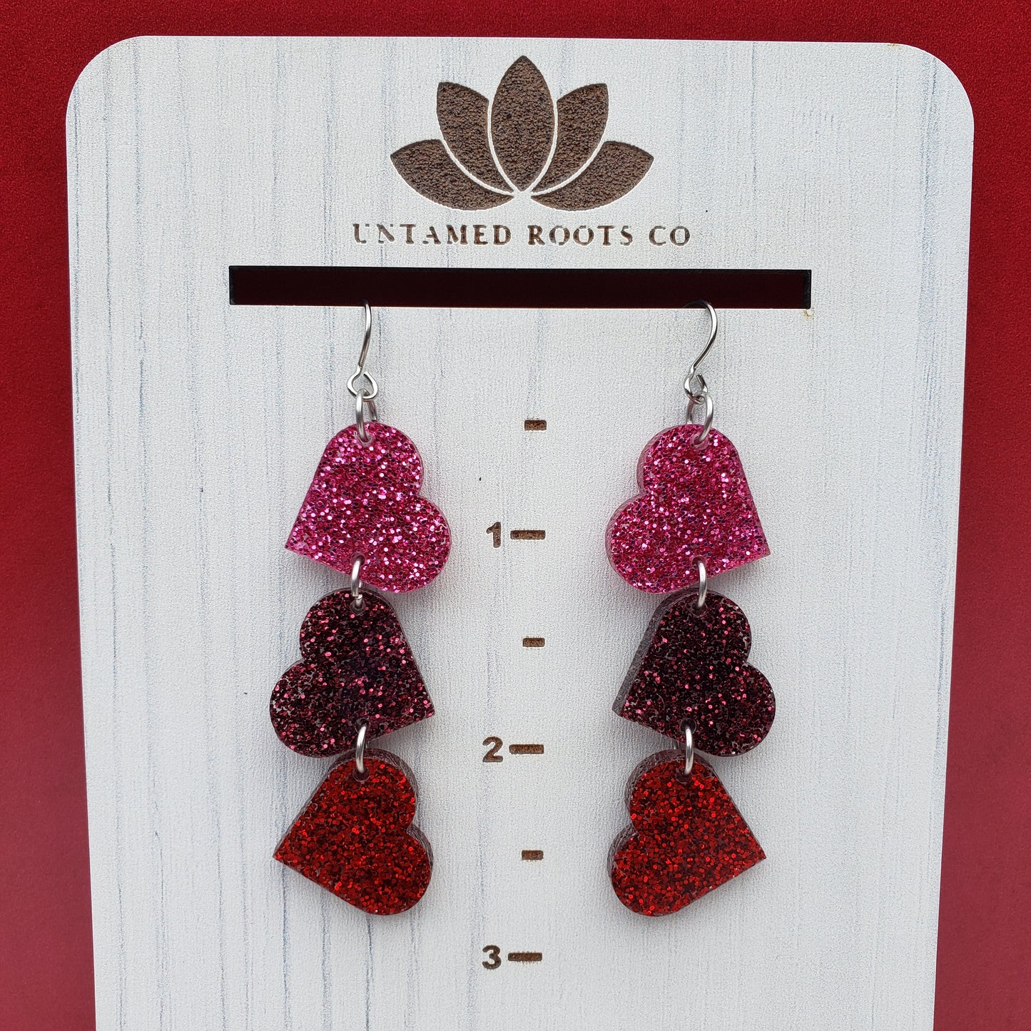 Pink and Red Glitter Tumbling Heart Earrings on Stainless Steel