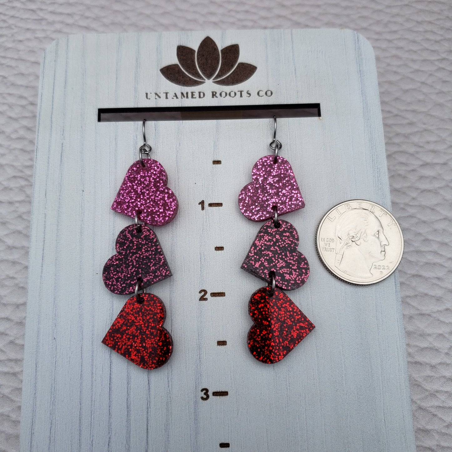 Pink and Red Glitter Tumbling Heart Earrings on Stainless Steel