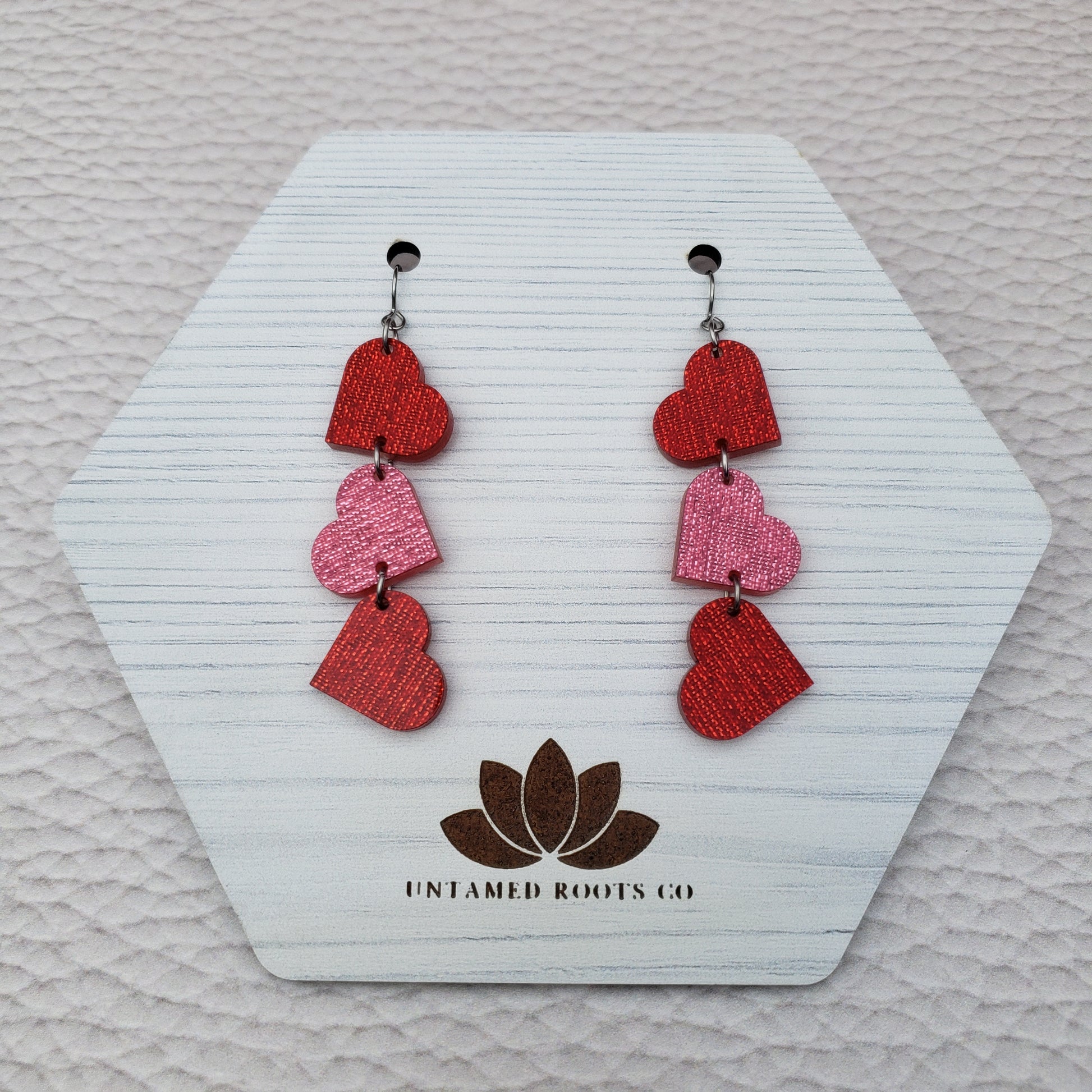 Red and Pink Shimmer Heart Shaped Dangle Earrings with Stainless Steel Hooks