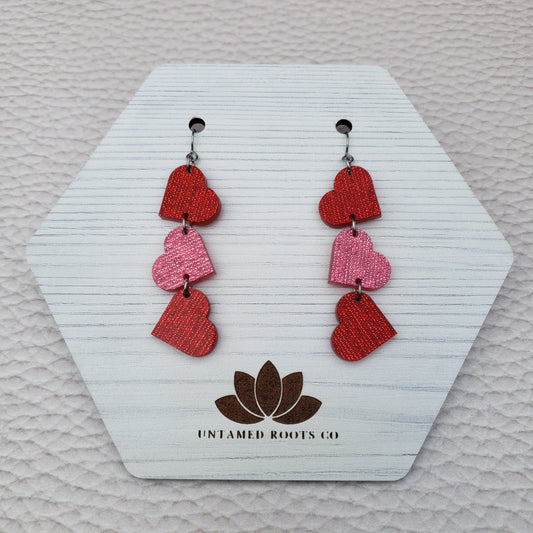 Red and Pink Shimmer Heart Shaped Dangle Earrings with Stainless Steel Hooks