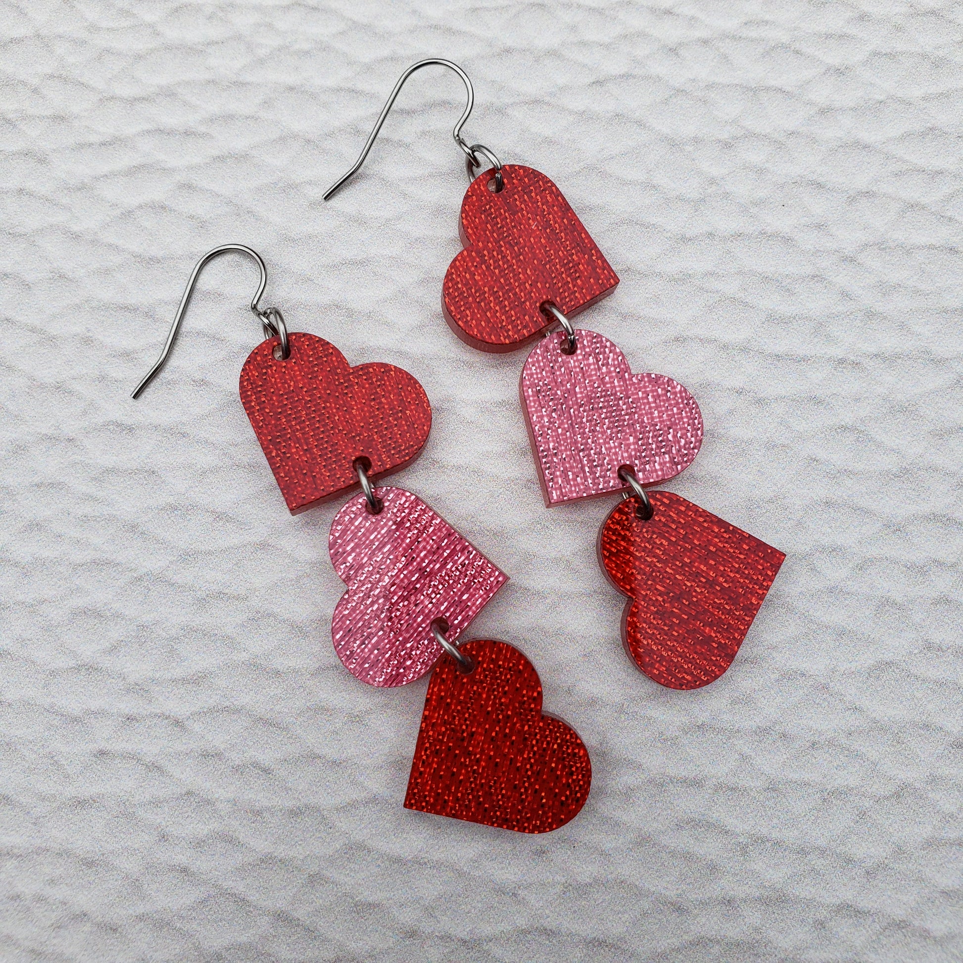 Red and Pink Shimmer Heart Shaped Dangle Earrings with Stainless Steel Hooks