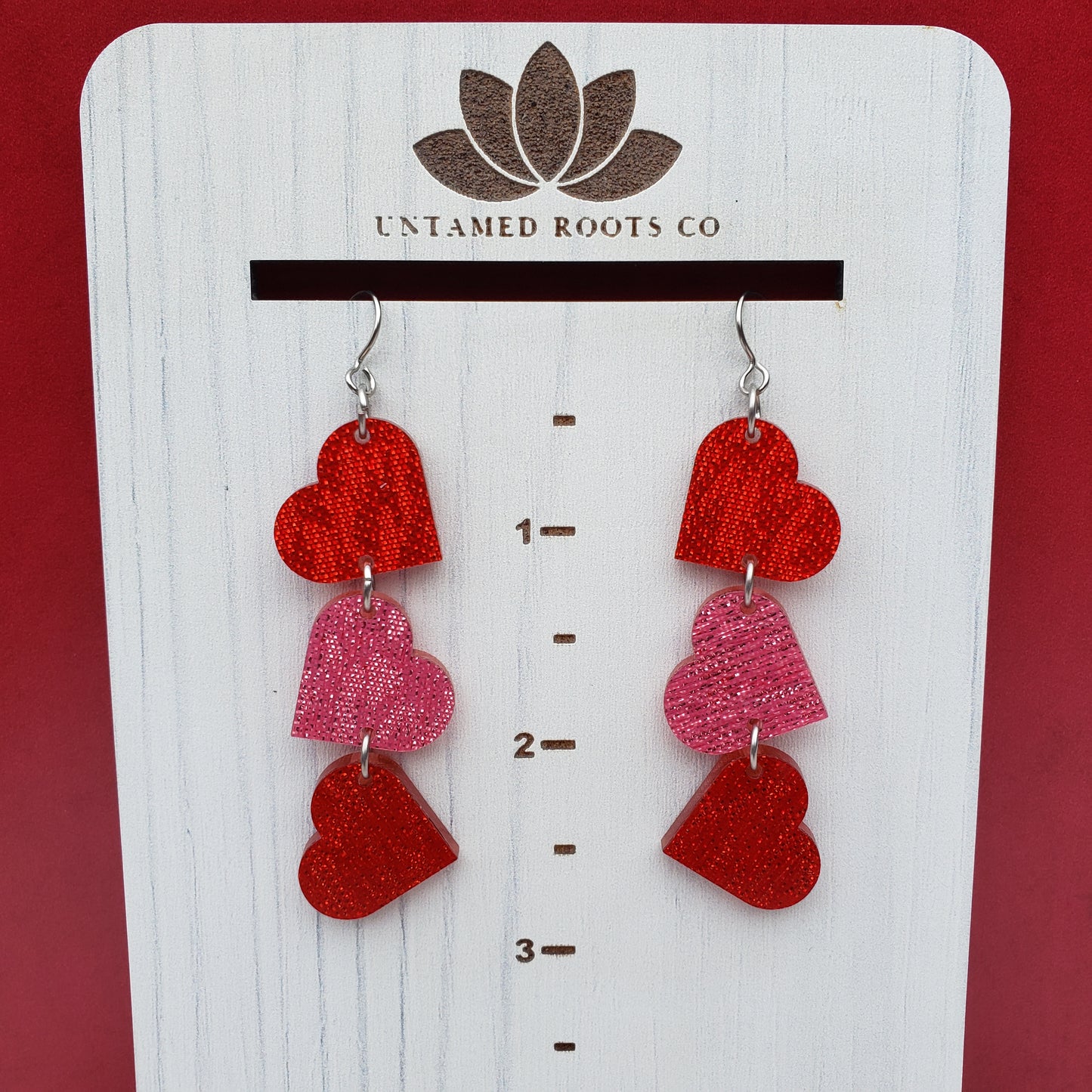 Red and Pink Shimmer Heart Shaped Dangle Earrings with Stainless Steel Hooks