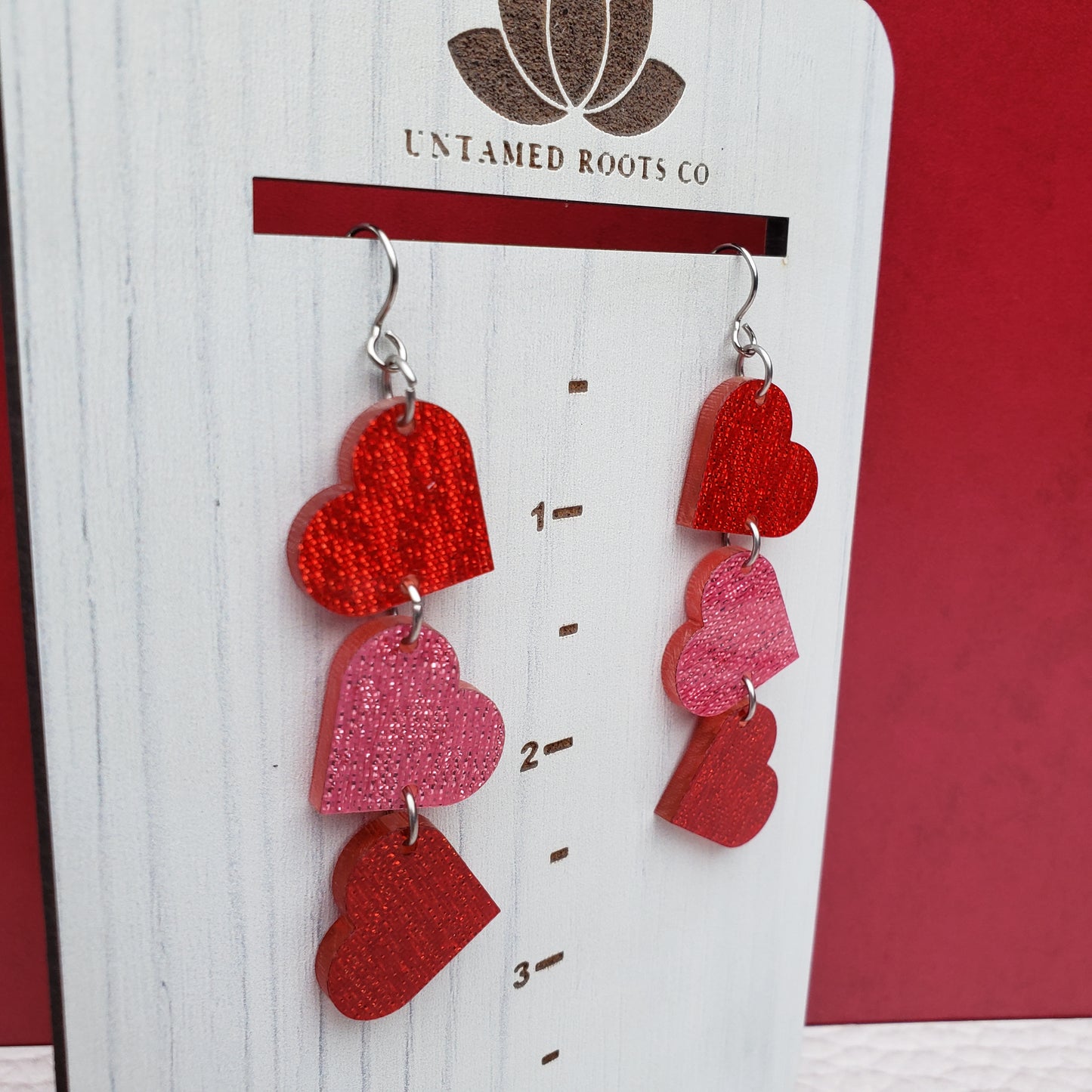 Red and Pink Shimmer Heart Shaped Dangle Earrings with Stainless Steel Hooks