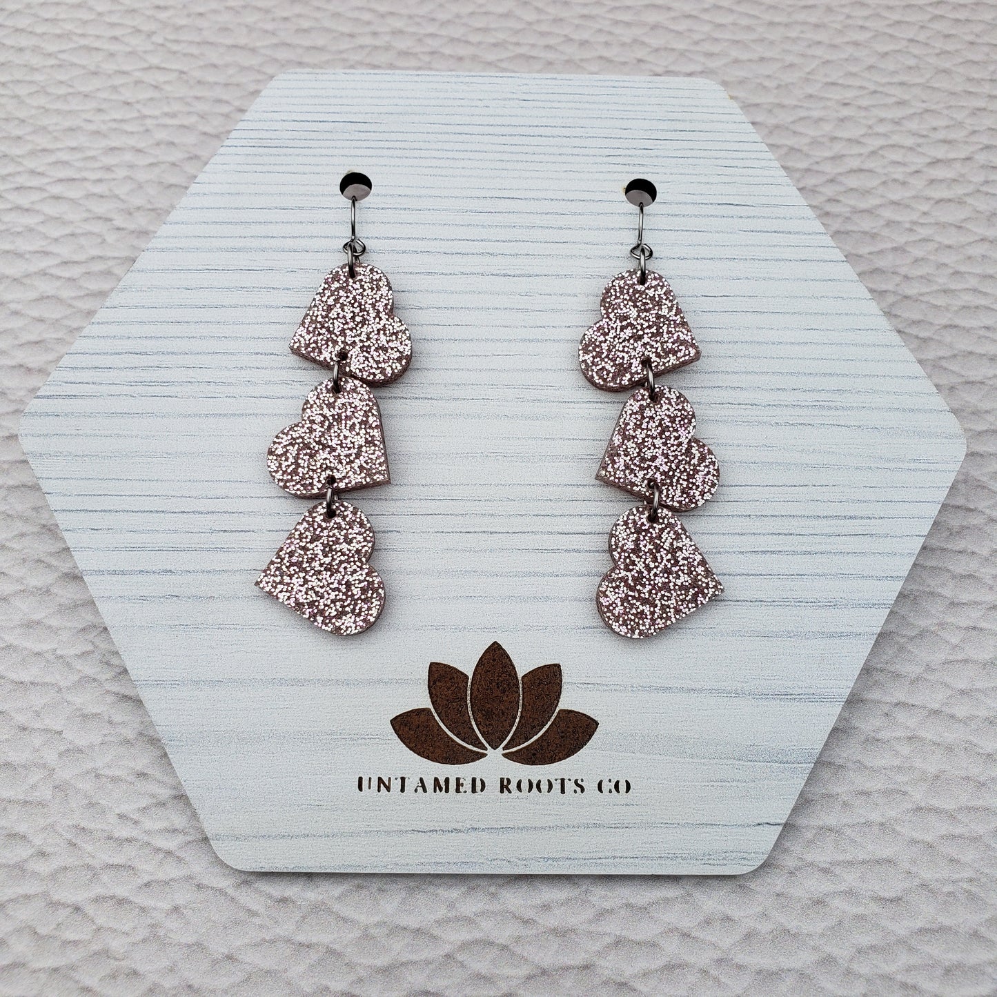 Rose Gold Glitter Tumbling Heart Earrings on Stainless Steel