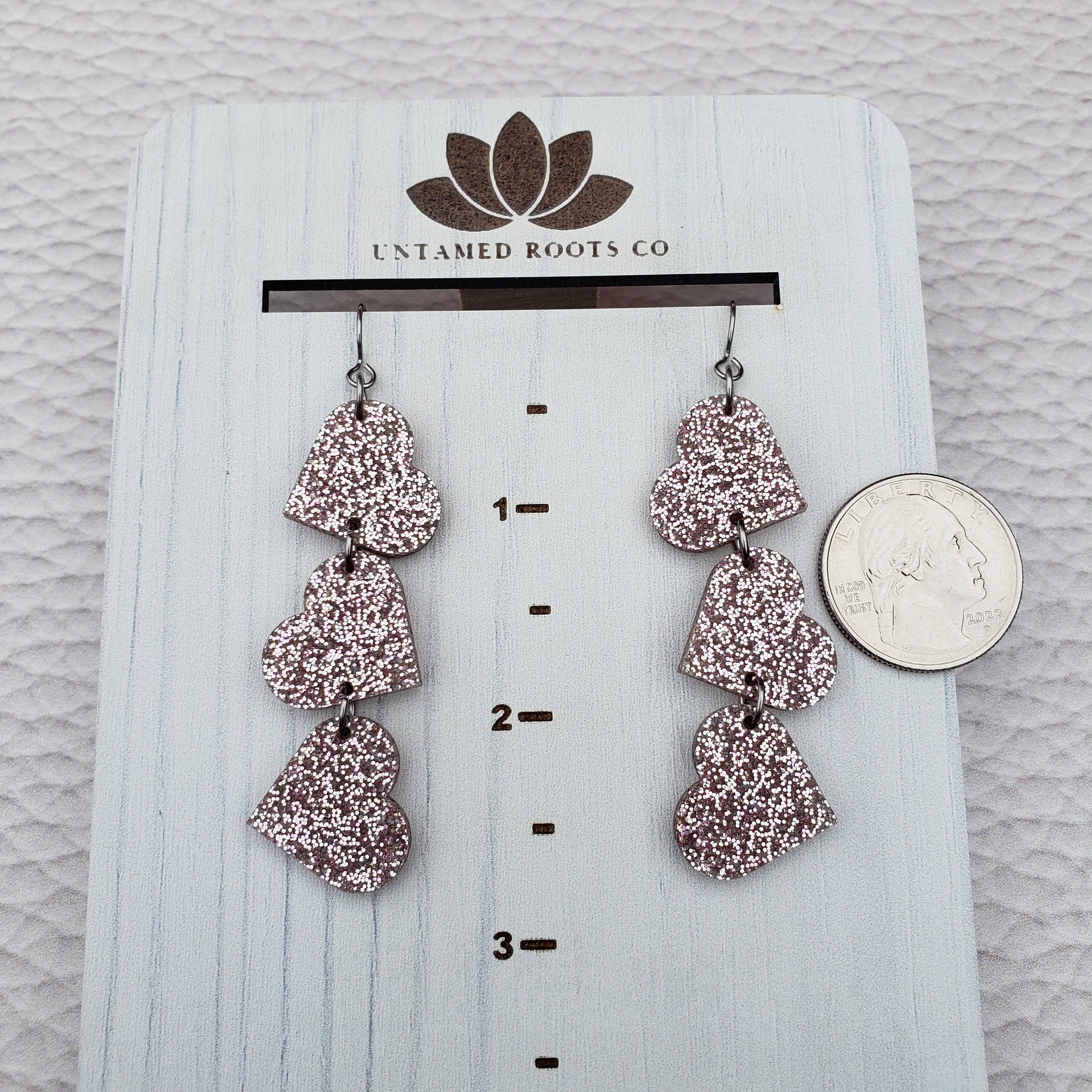 Rose Gold Glitter Tumbling Heart Earrings on Stainless Steel