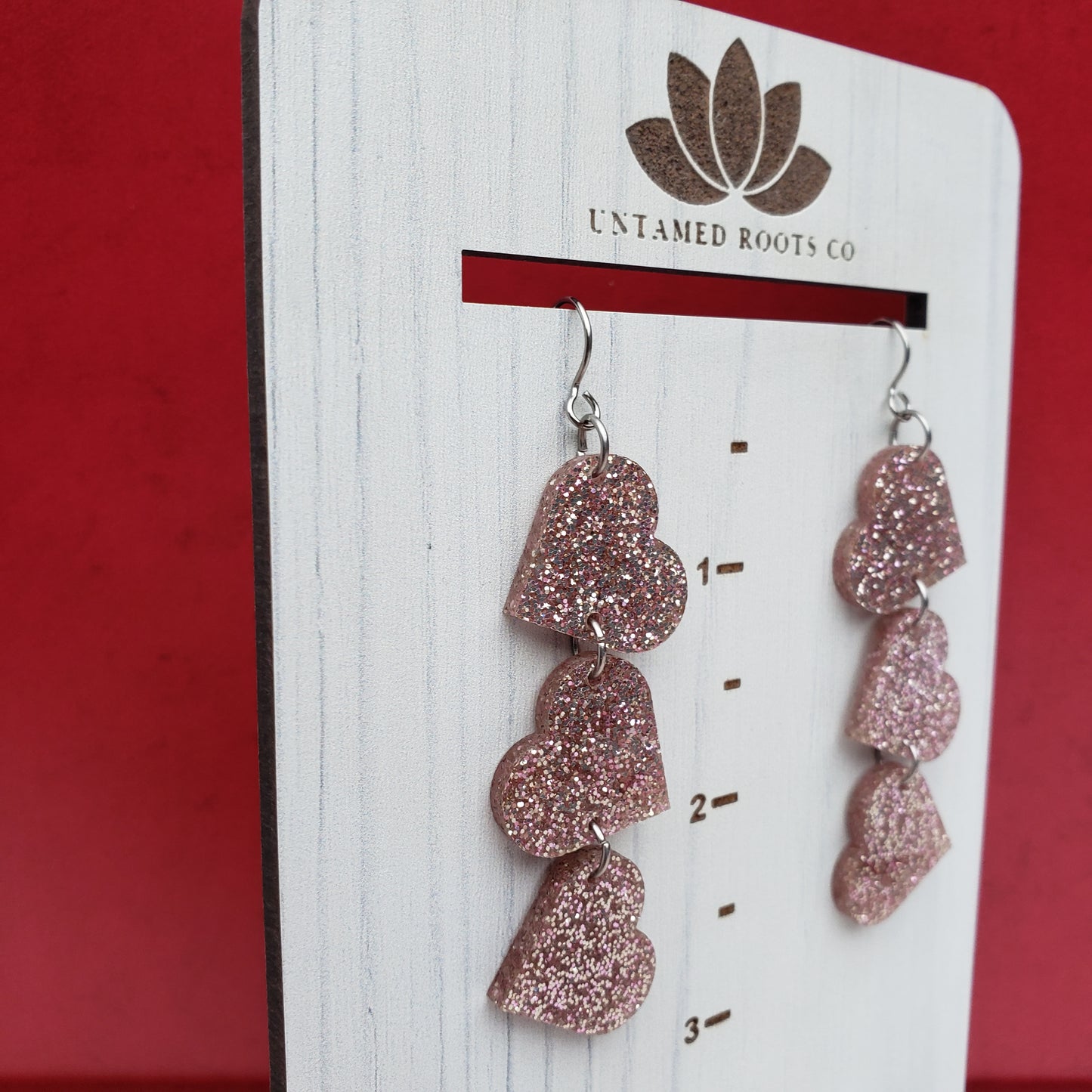 Rose Gold Glitter Tumbling Heart Earrings on Stainless Steel