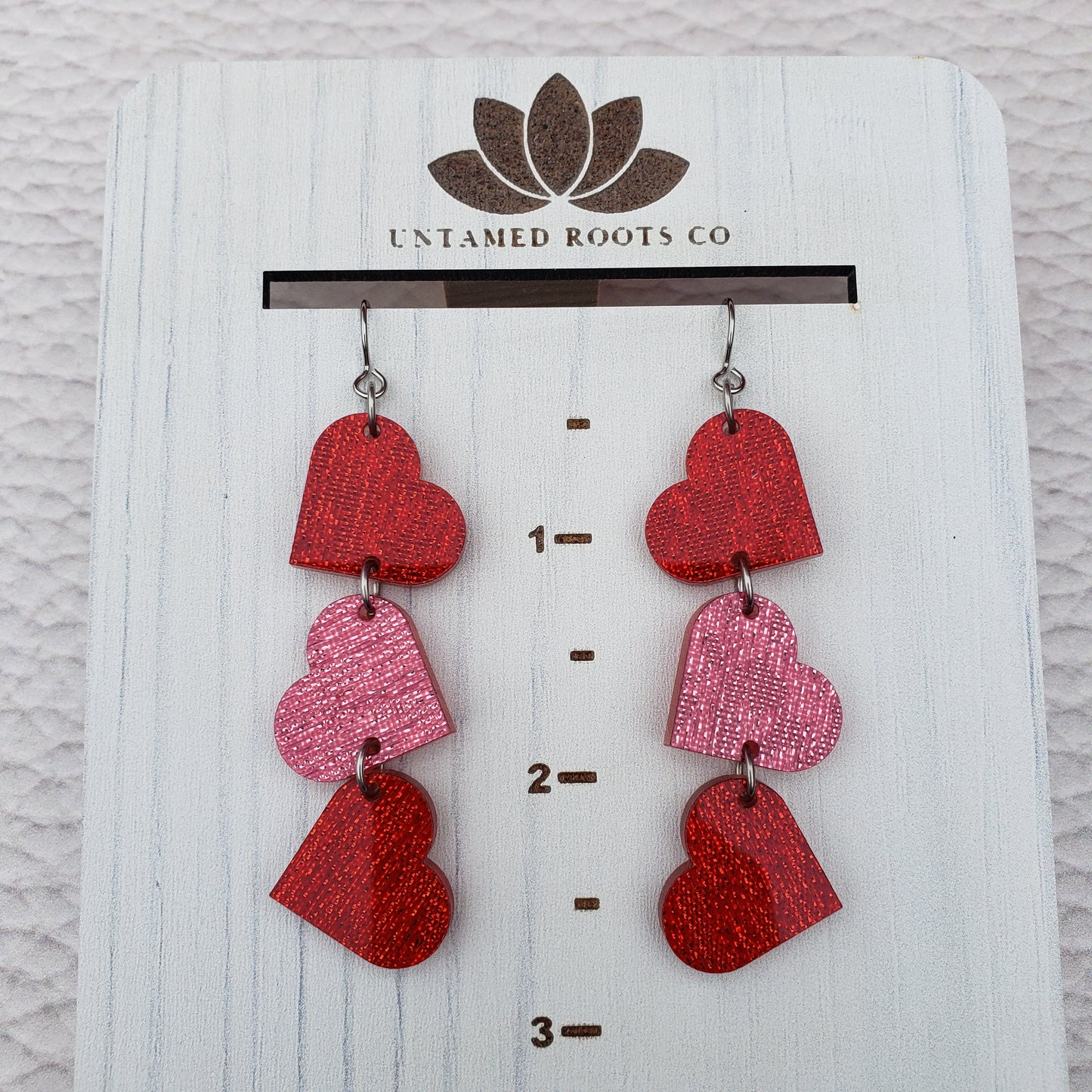 Red and Pink Shimmer Heart Shaped Dangle Earrings with Stainless Steel Hooks