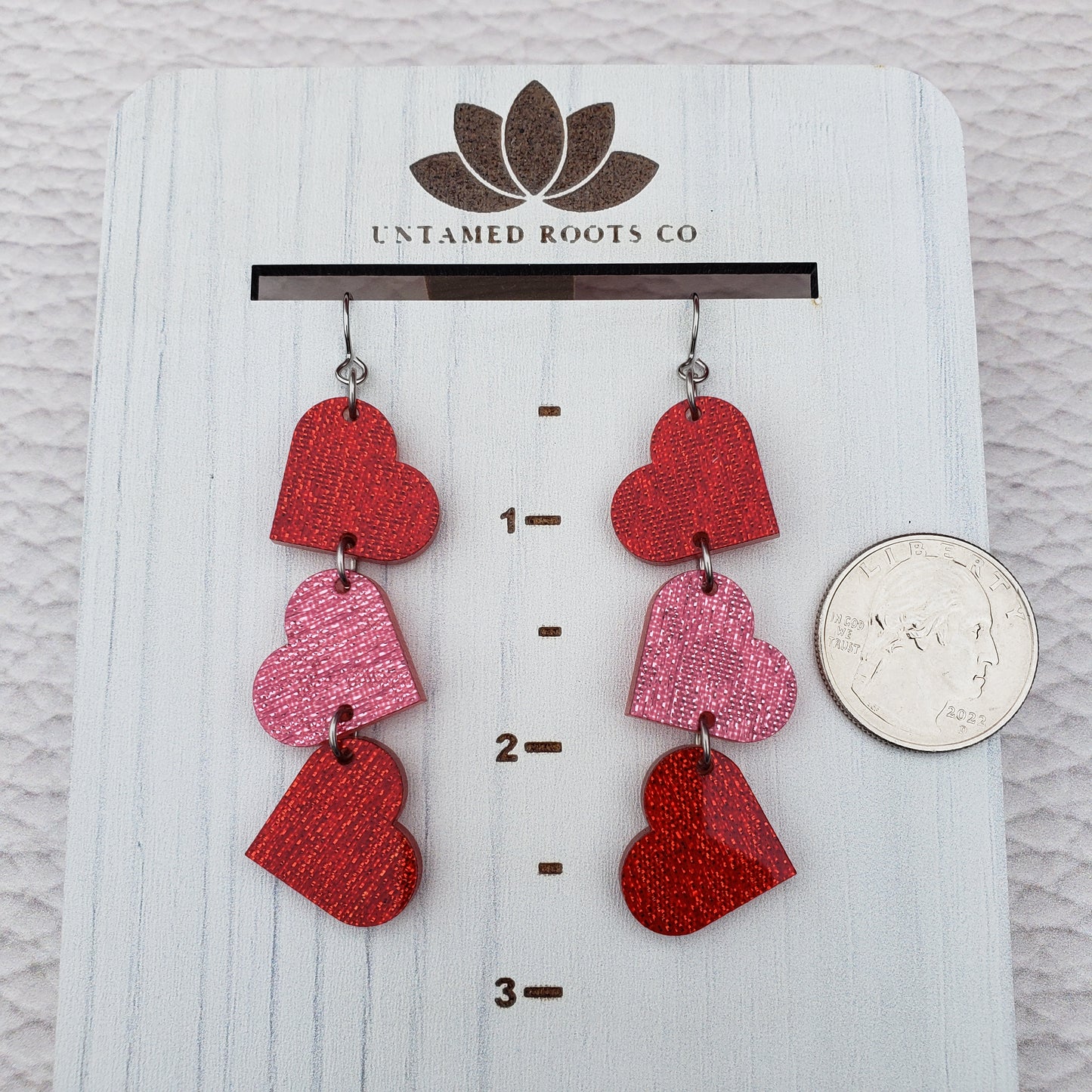 Red and Pink Shimmer Heart Shaped Dangle Earrings with Stainless Steel Hooks