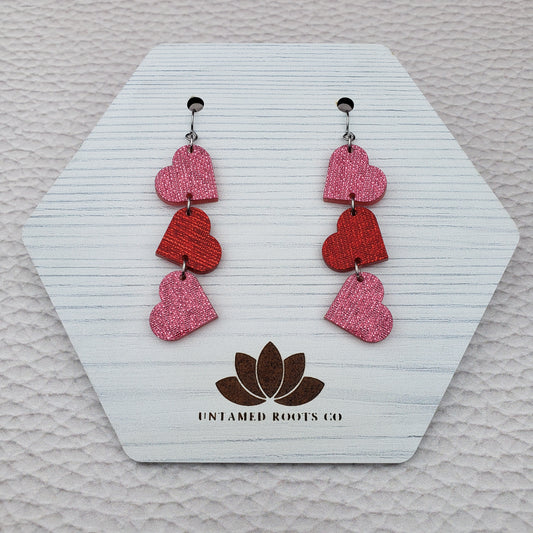 Pink and Red Shimmer Heart Shaped Dangle Earrings with Stainless Steel Hooks