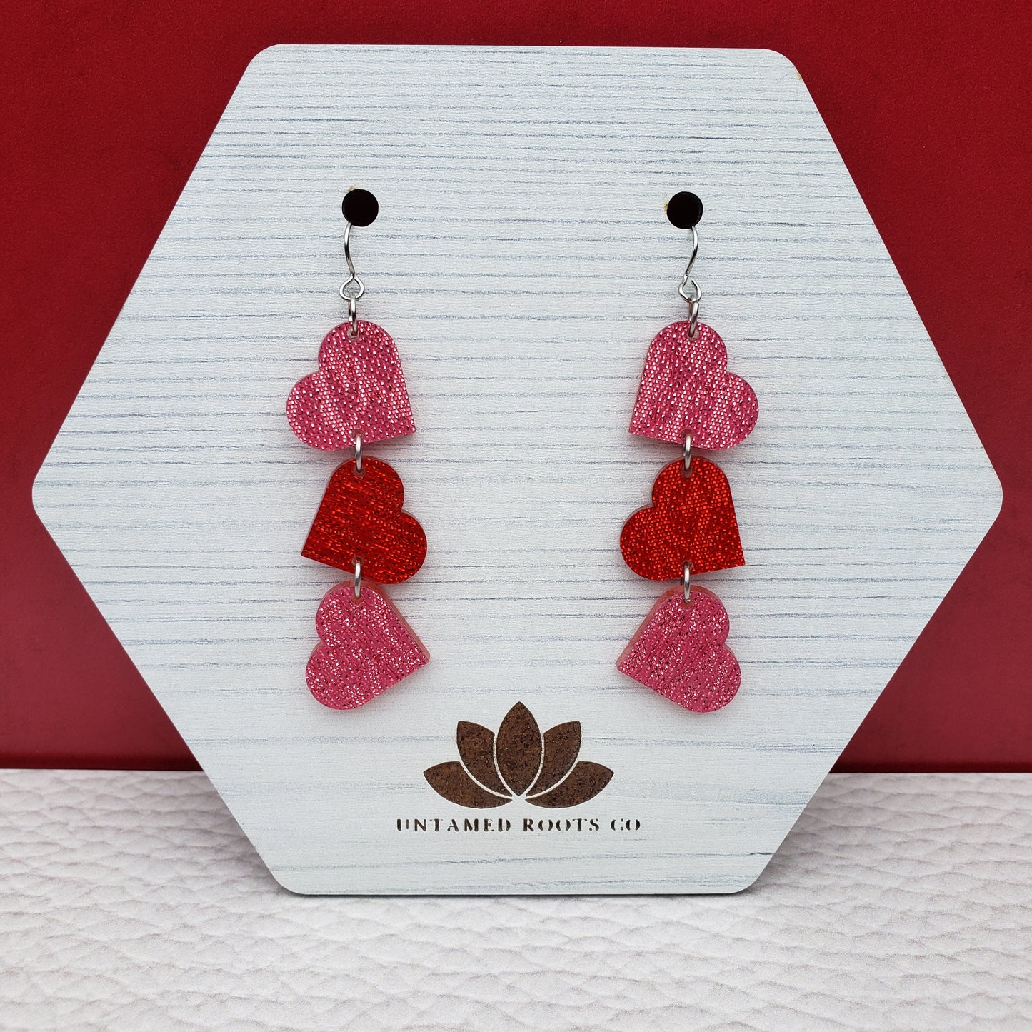Pink and Red Shimmer Heart Shaped Dangle Earrings with Stainless Steel Hooks