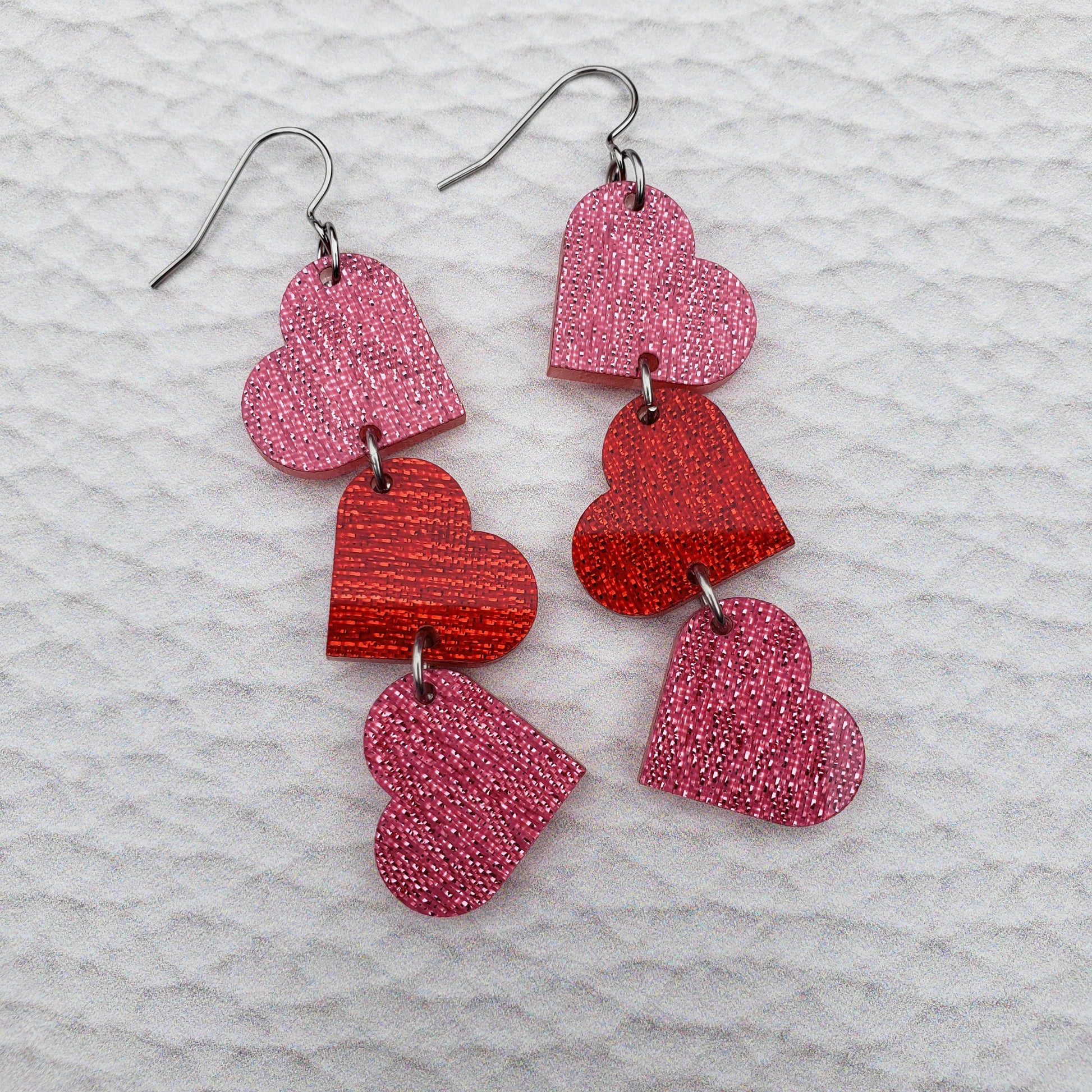 Pink and Red Shimmer Heart Shaped Dangle Earrings with Stainless Steel Hooks