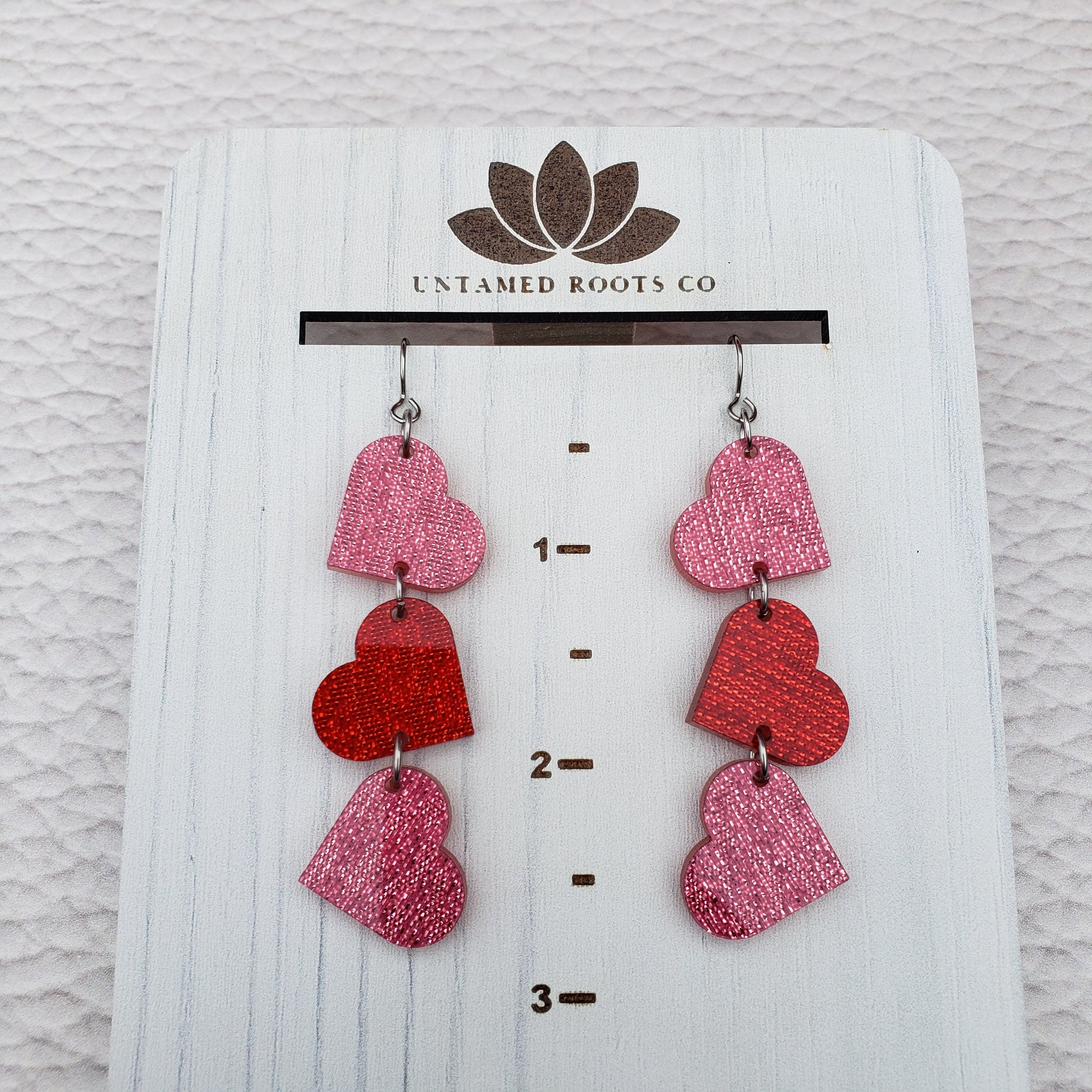 Pink and Red Shimmer Heart Shaped Dangle Earrings with Stainless Steel Hooks