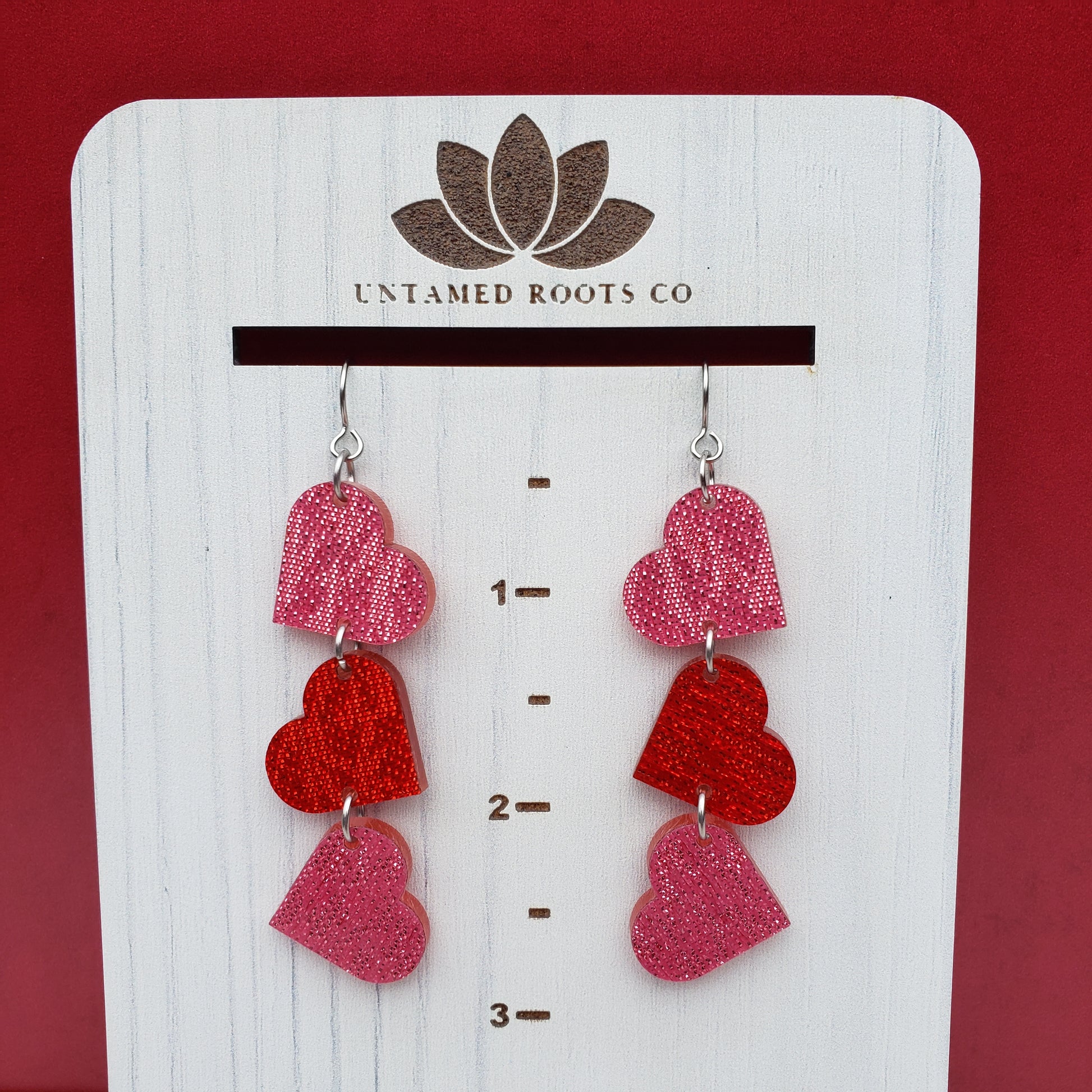 Pink and Red Shimmer Heart Shaped Dangle Earrings with Stainless Steel Hooks