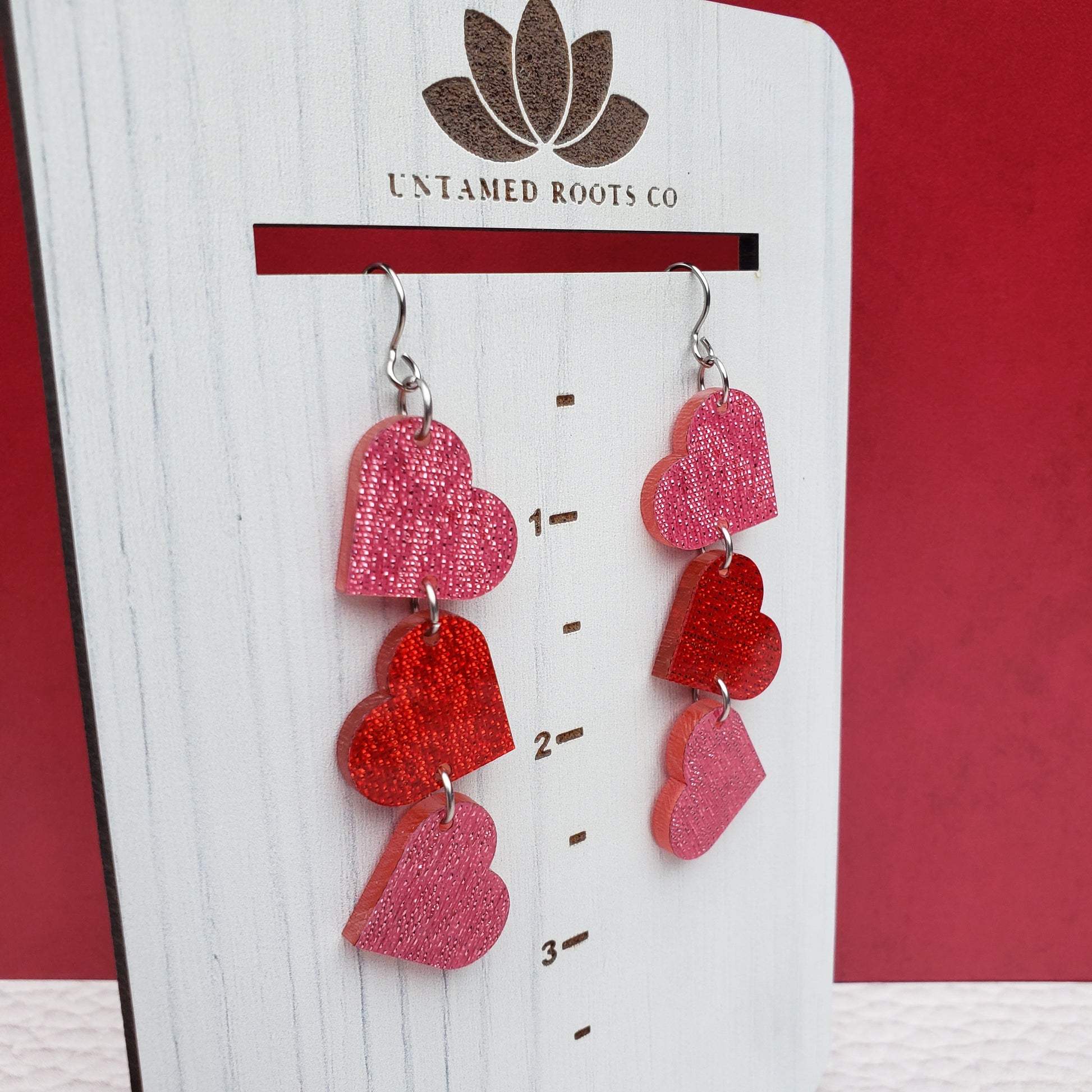 Pink and Red Shimmer Heart Shaped Dangle Earrings with Stainless Steel Hooks