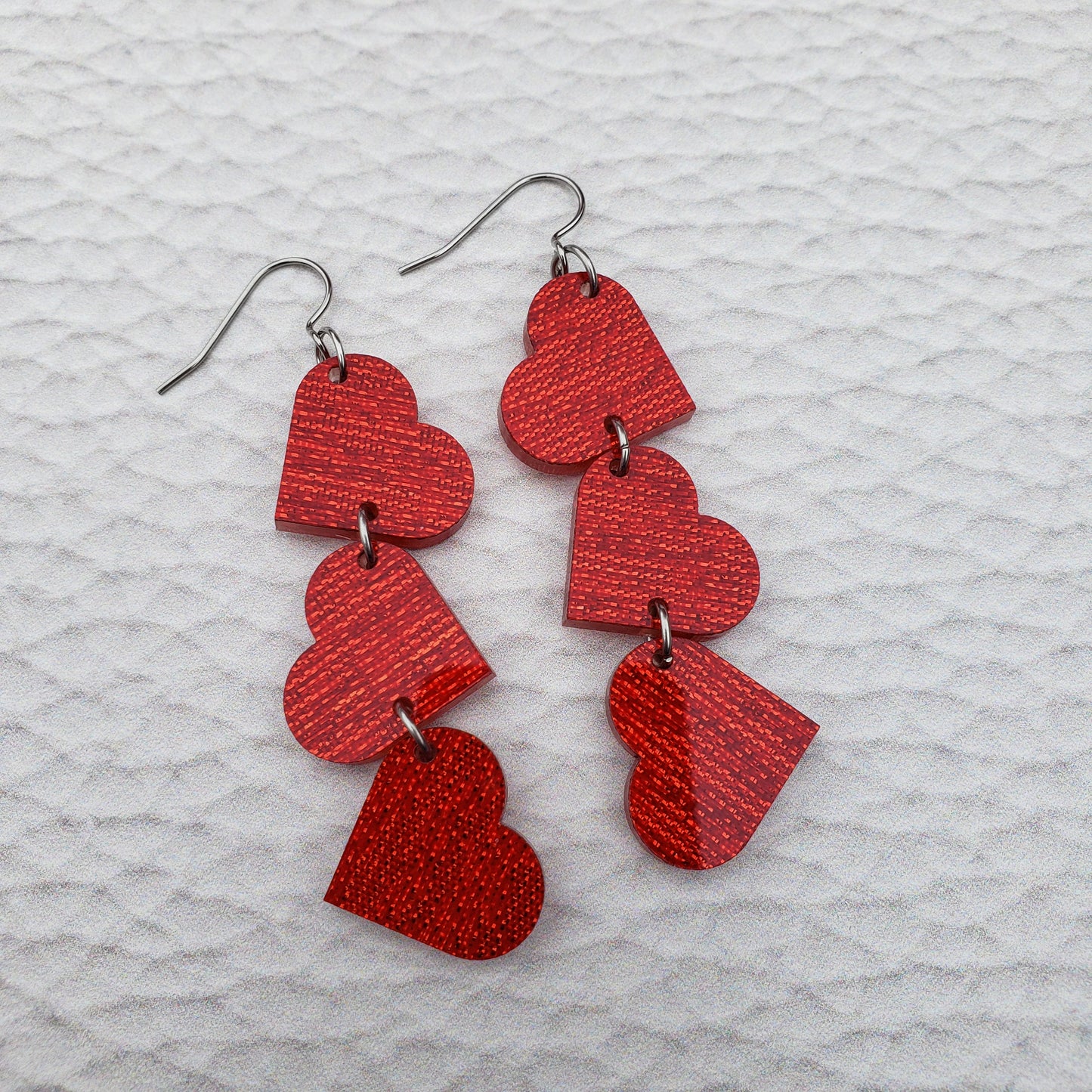 Red Shimmer Heart Shaped Dangle Earrings with Stainless Steel Hooks