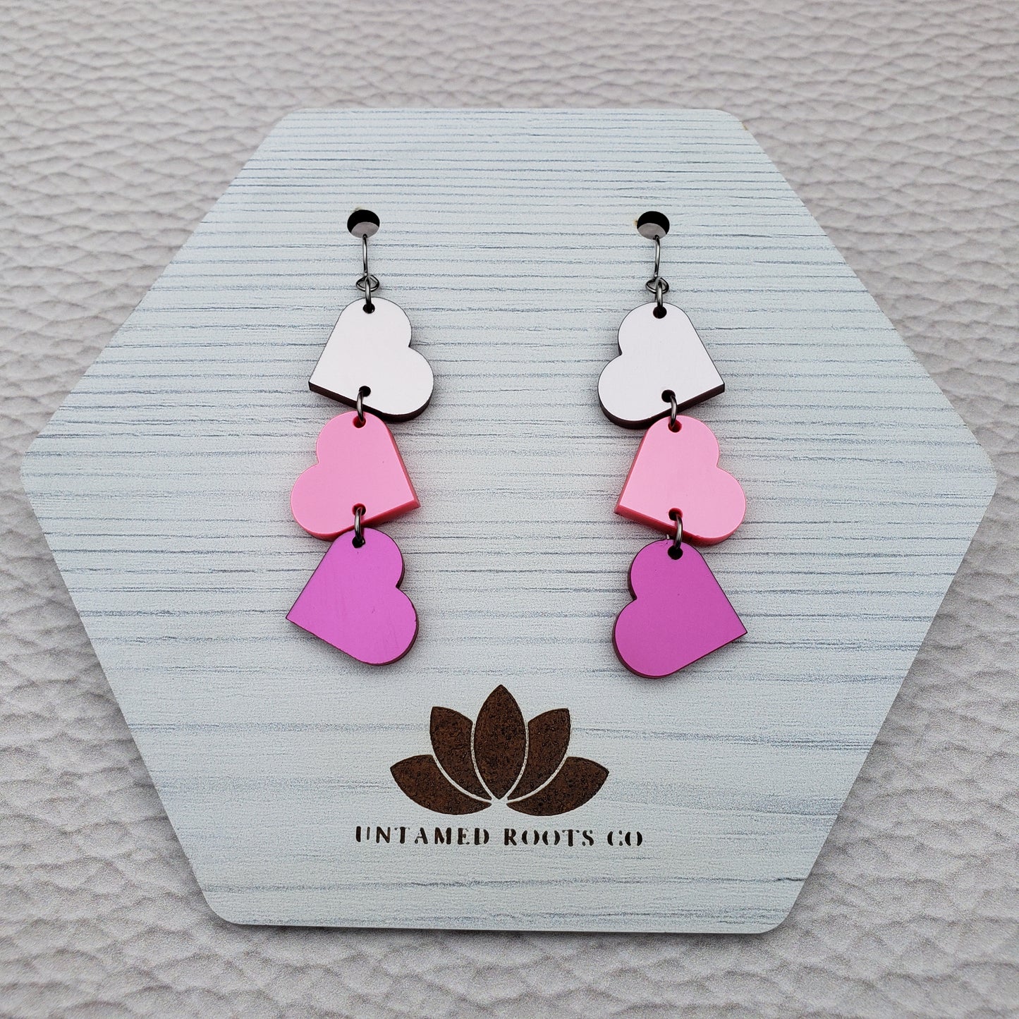 Pink Metallic Tumbling Heart Earrings on Stainless Steel