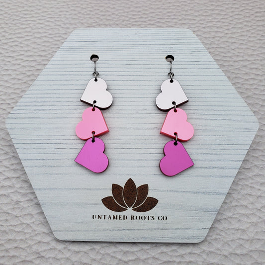 Pink Metallic Tumbling Heart Earrings on Stainless Steel