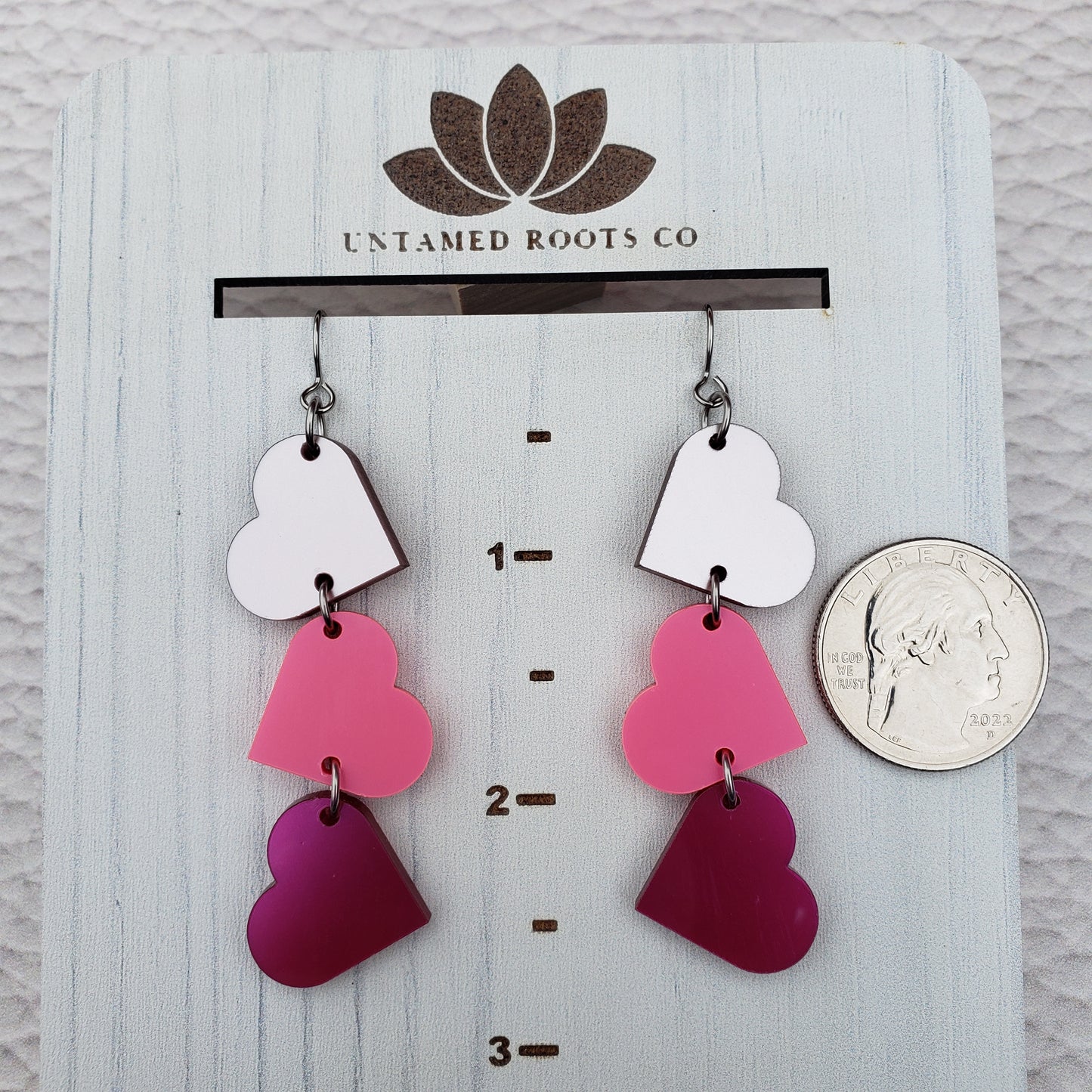 Pink Metallic Tumbling Heart Earrings on Stainless Steel