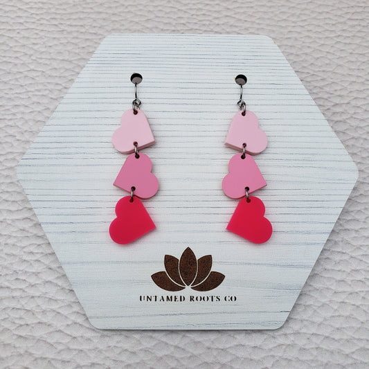 Matte Pink Tumbling Heart Earrings on Stainless Steel