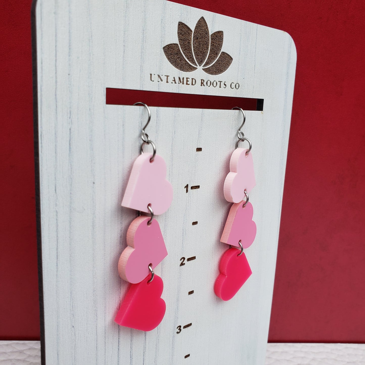 Matte Pink Tumbling Heart Earrings on Stainless Steel