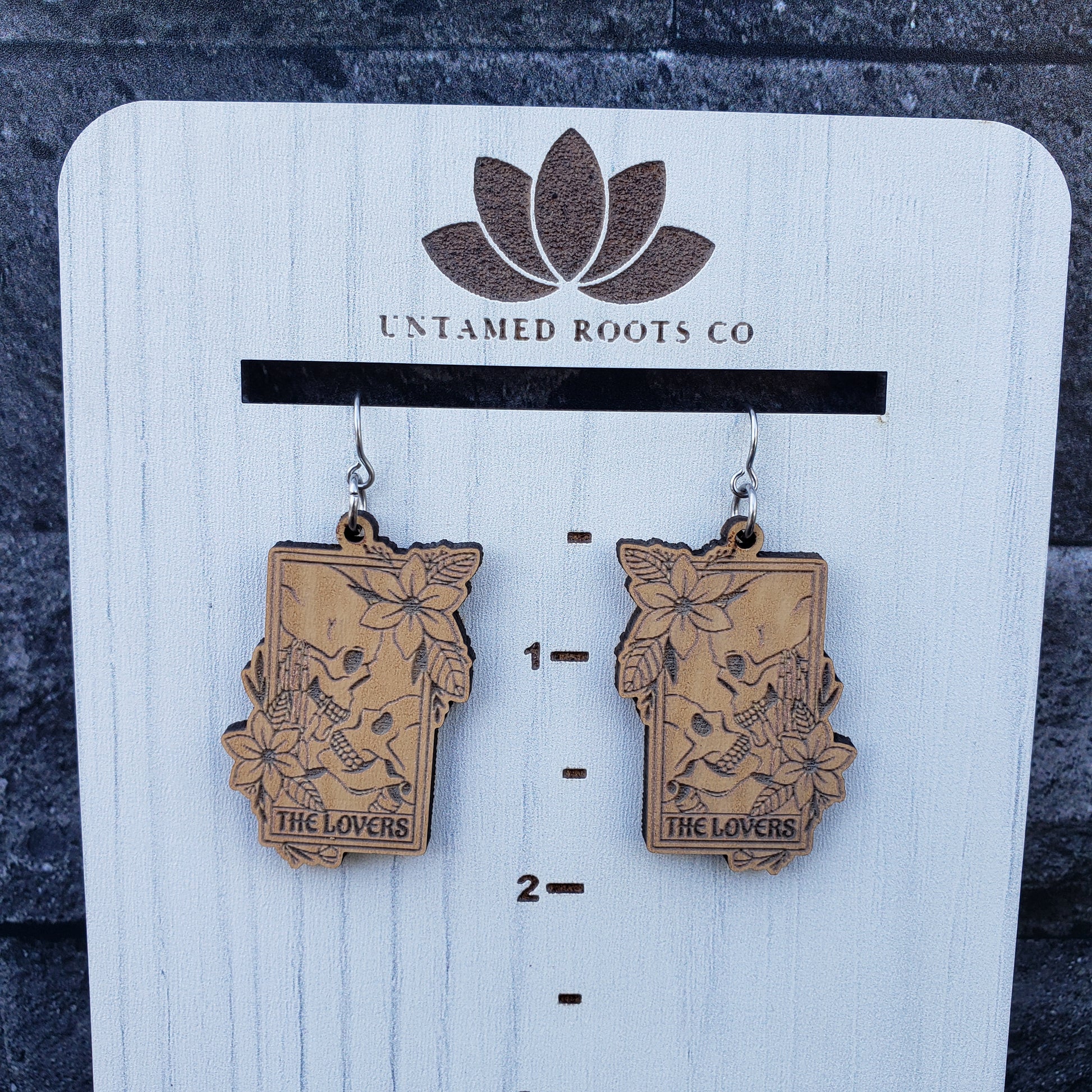 Wooden Lovers Tarot Card Skeleton Dangle Earrings