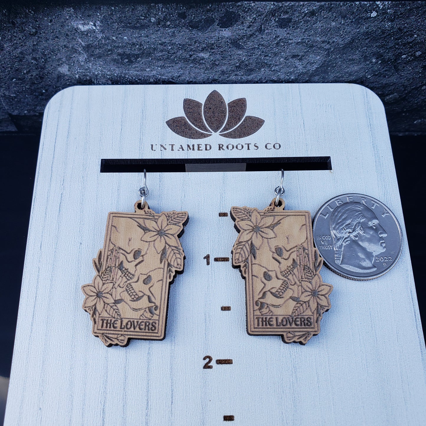 Wooden Lovers Tarot Card Skeleton Dangle Earrings