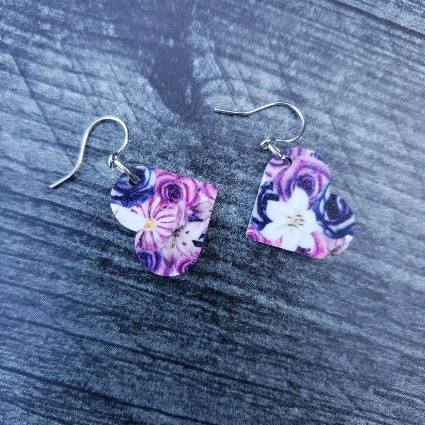 Small Purple Gothic Floral Heart Earrings