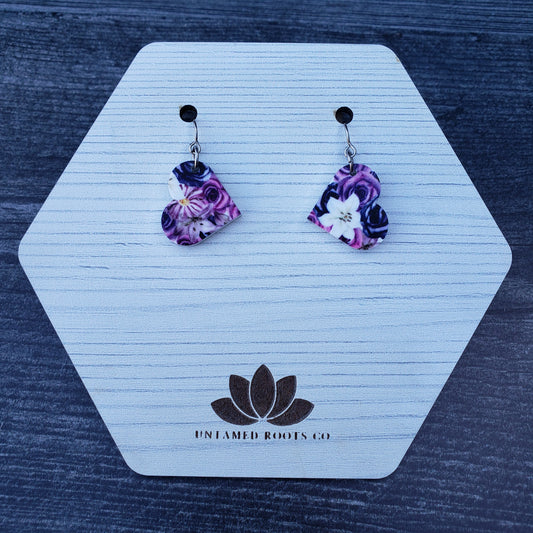 Small Purple Gothic Floral Heart Earrings