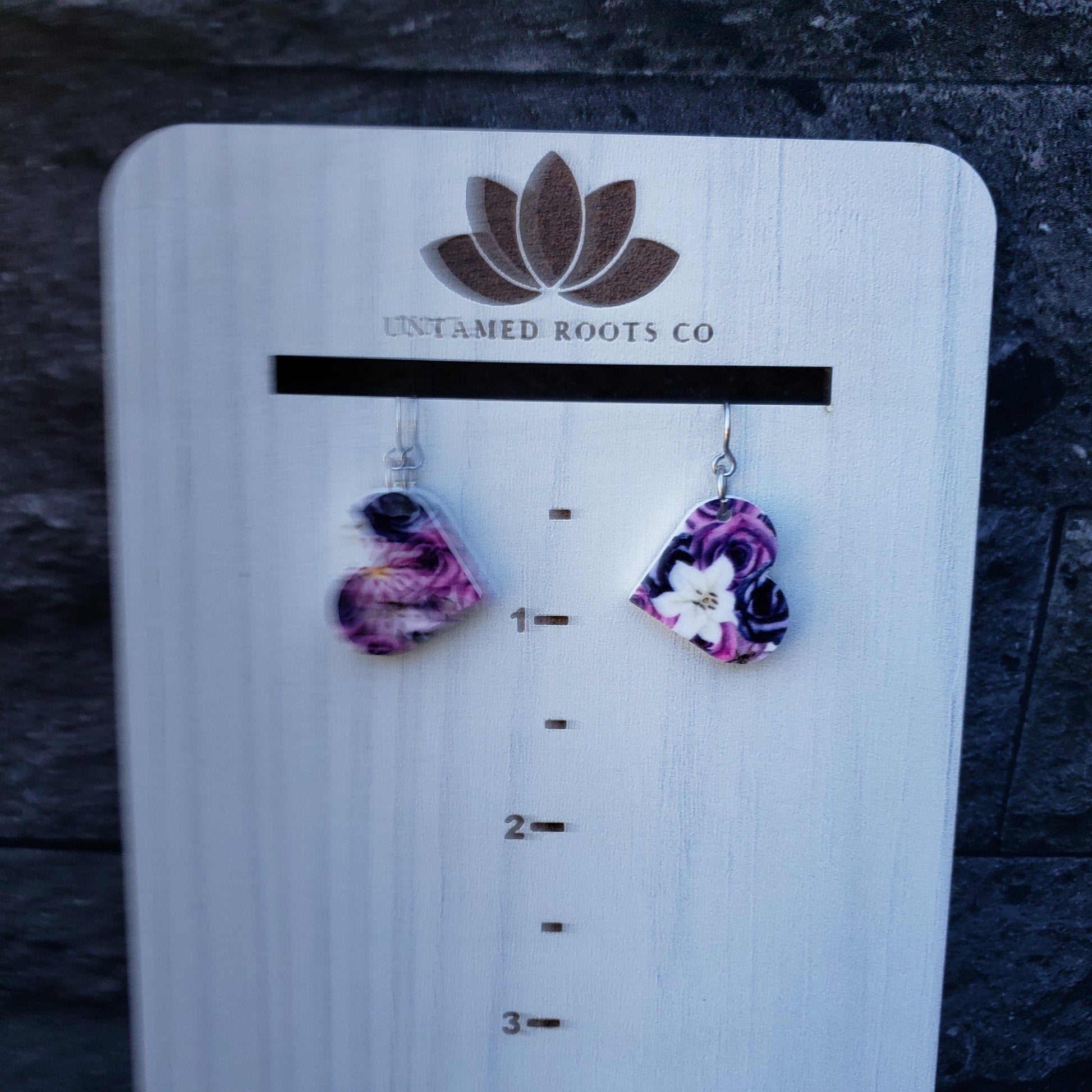 Small Purple Gothic Floral Heart Earrings