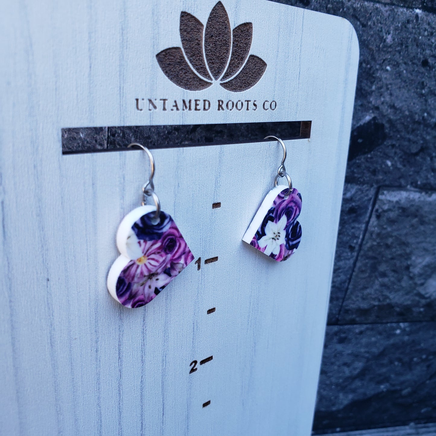 Small Purple Gothic Floral Heart Earrings