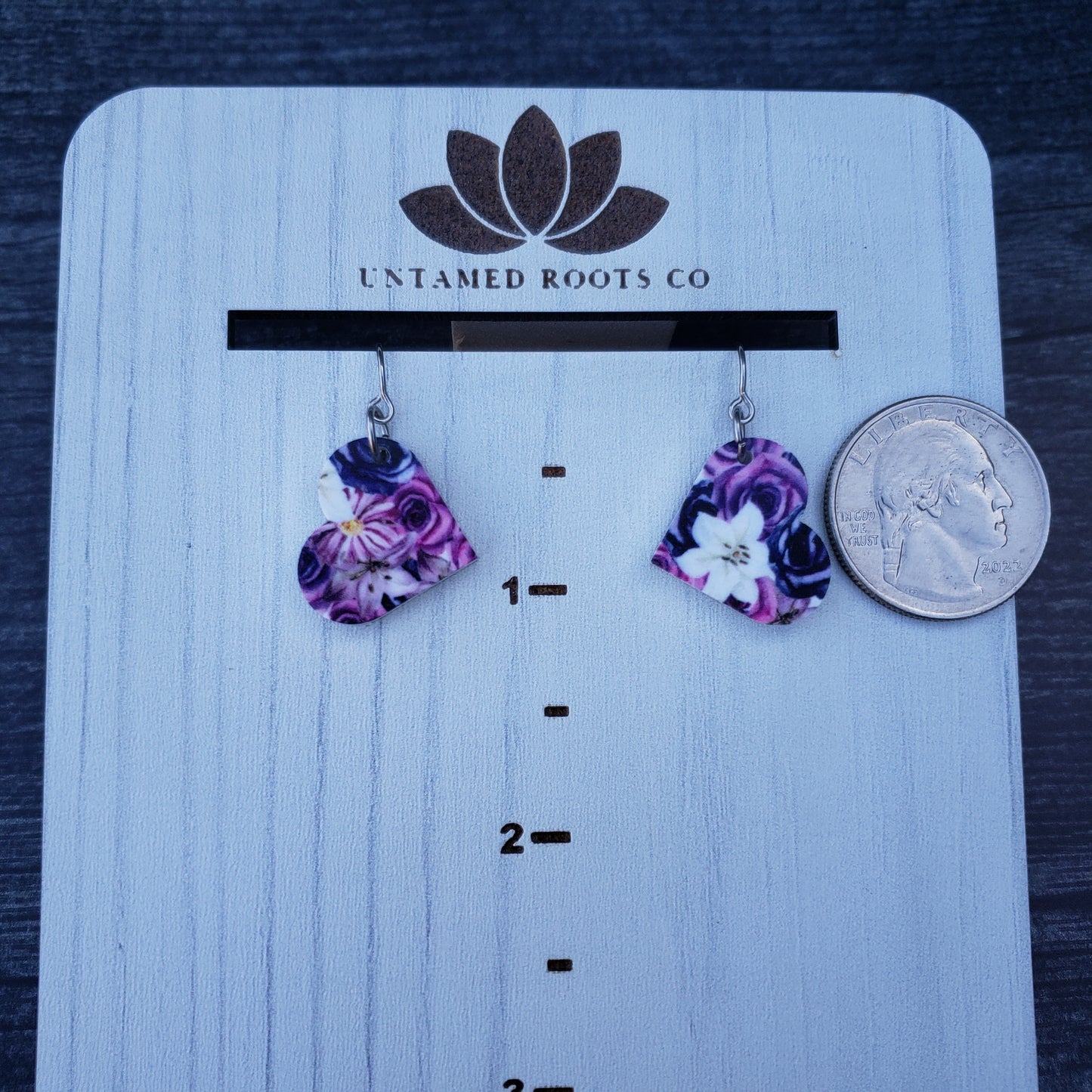 Small Purple Gothic Floral Heart Earrings