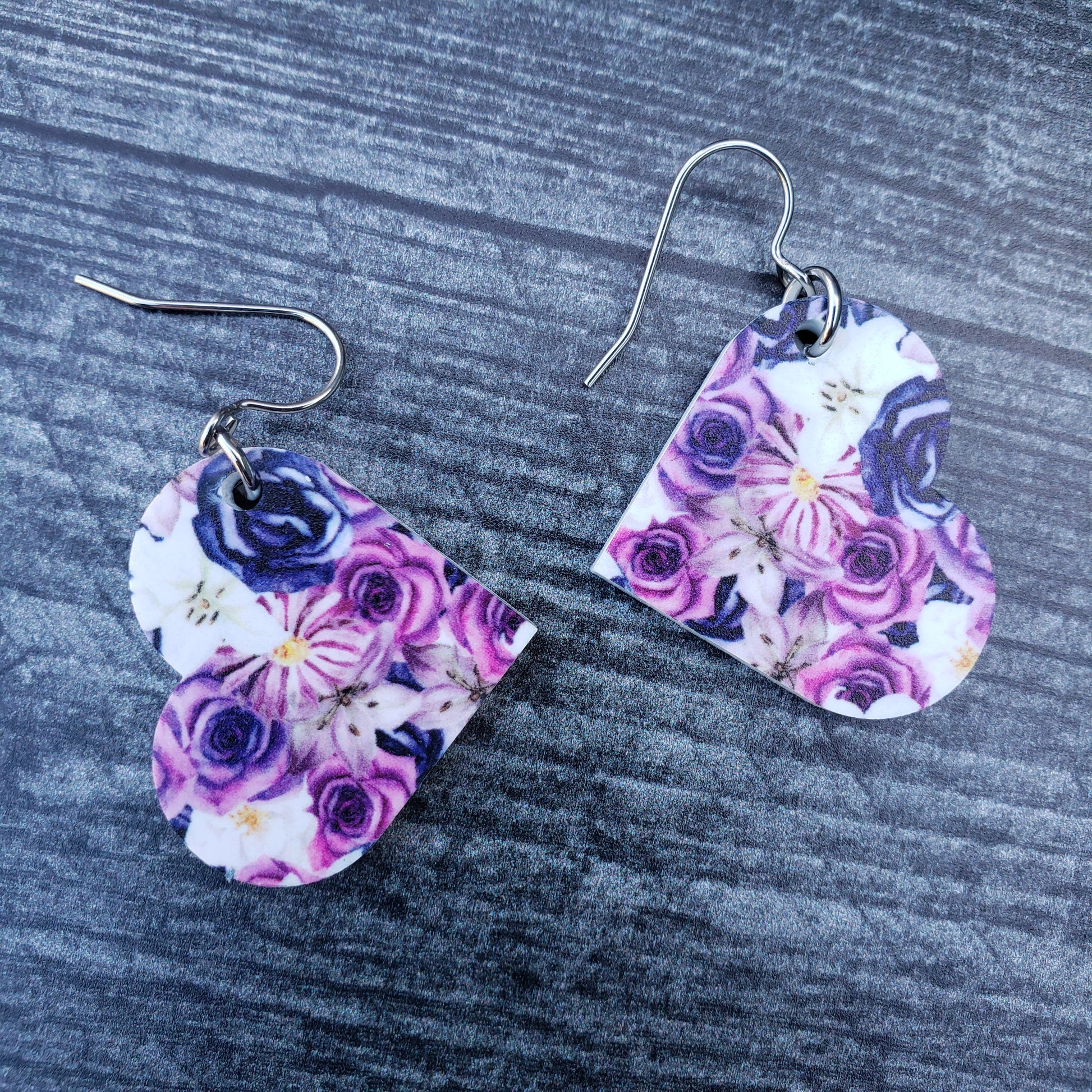 Large Heart Purple Gothic Floral Dangle Earring