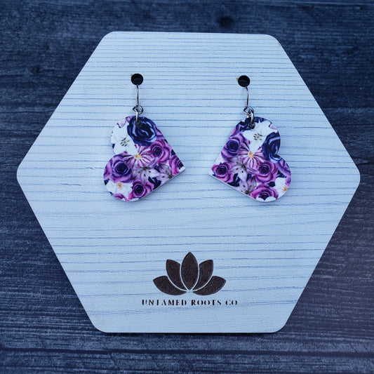 Large Heart Purple Gothic Floral Dangle Earring