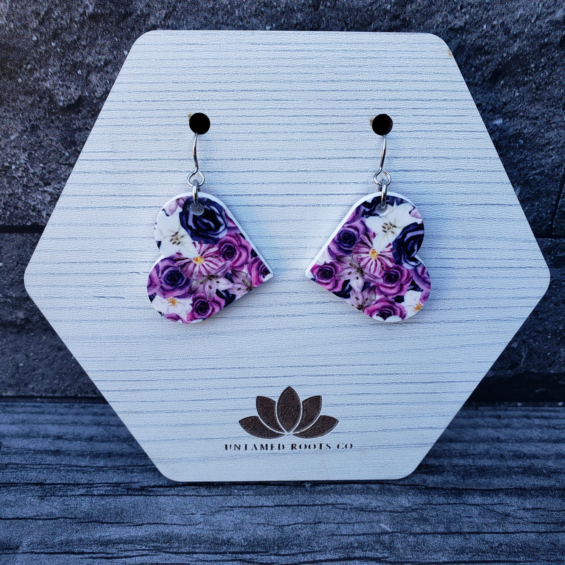 Large Heart Purple Gothic Floral Dangle Earring