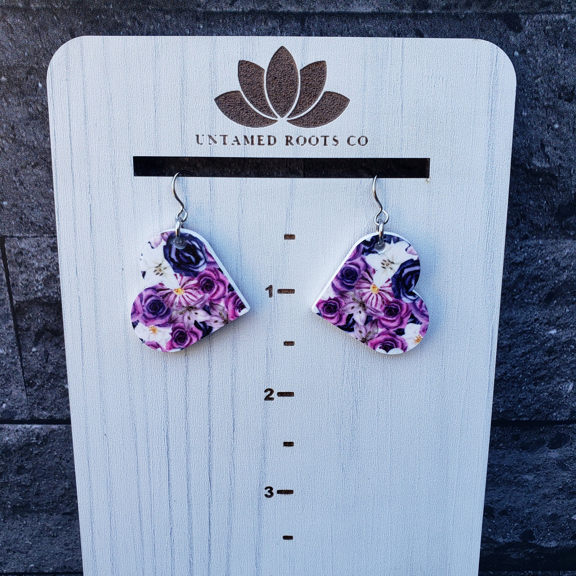 Large Heart Purple Gothic Floral Dangle Earring