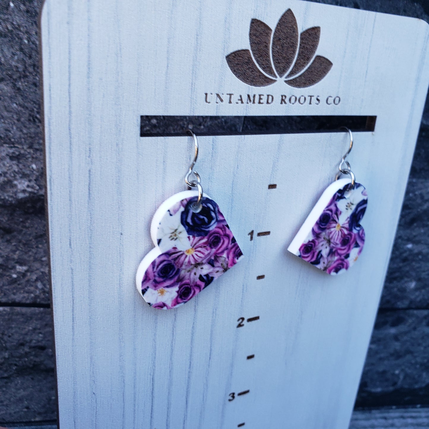 Large Heart Purple Gothic Floral Dangle Earring