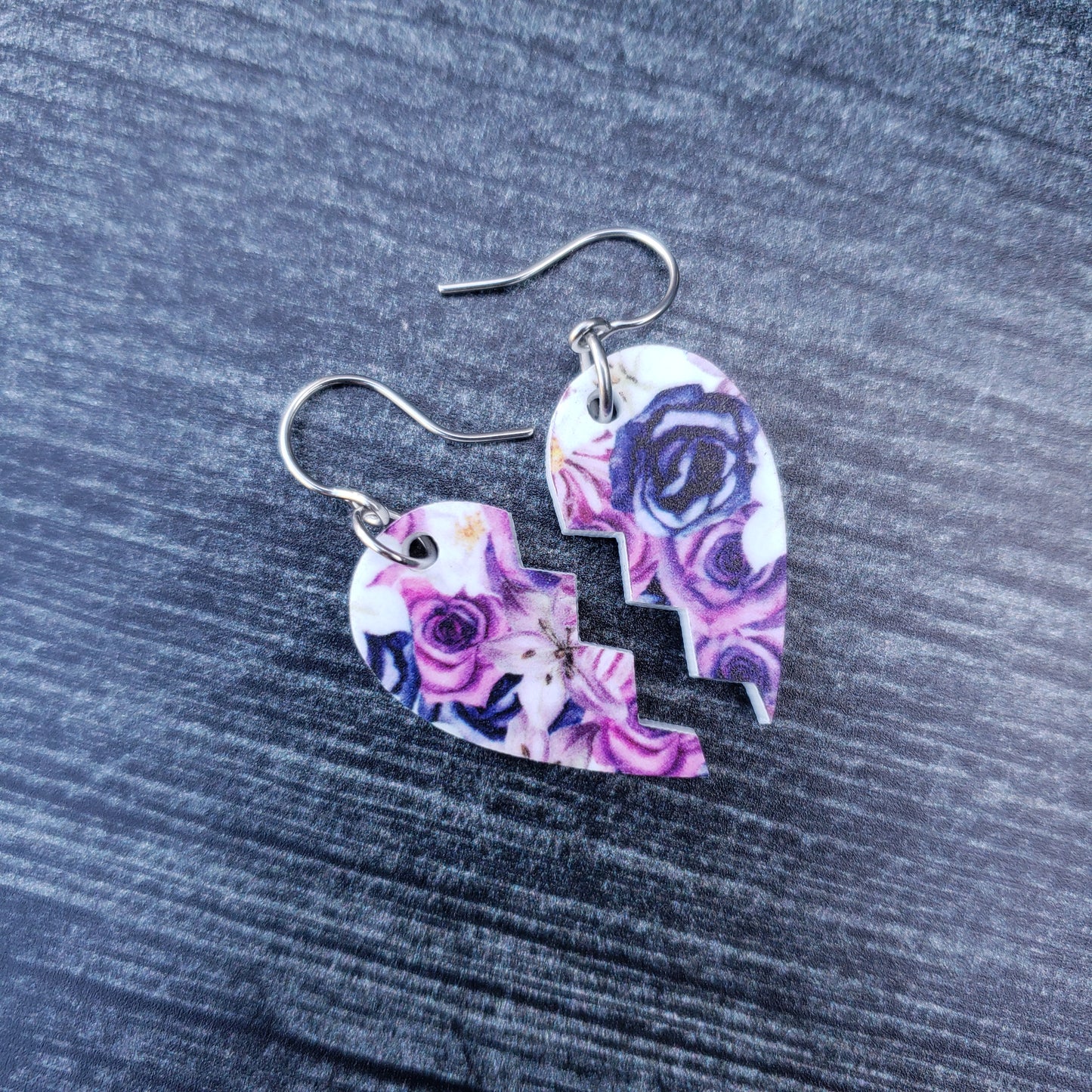 Purple Gothic Floral Broken Heart Earrings