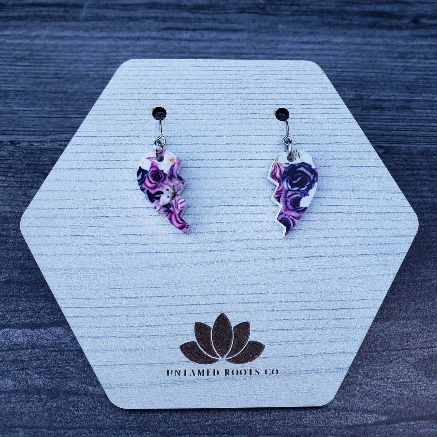 Purple Gothic Floral Broken Heart Earrings