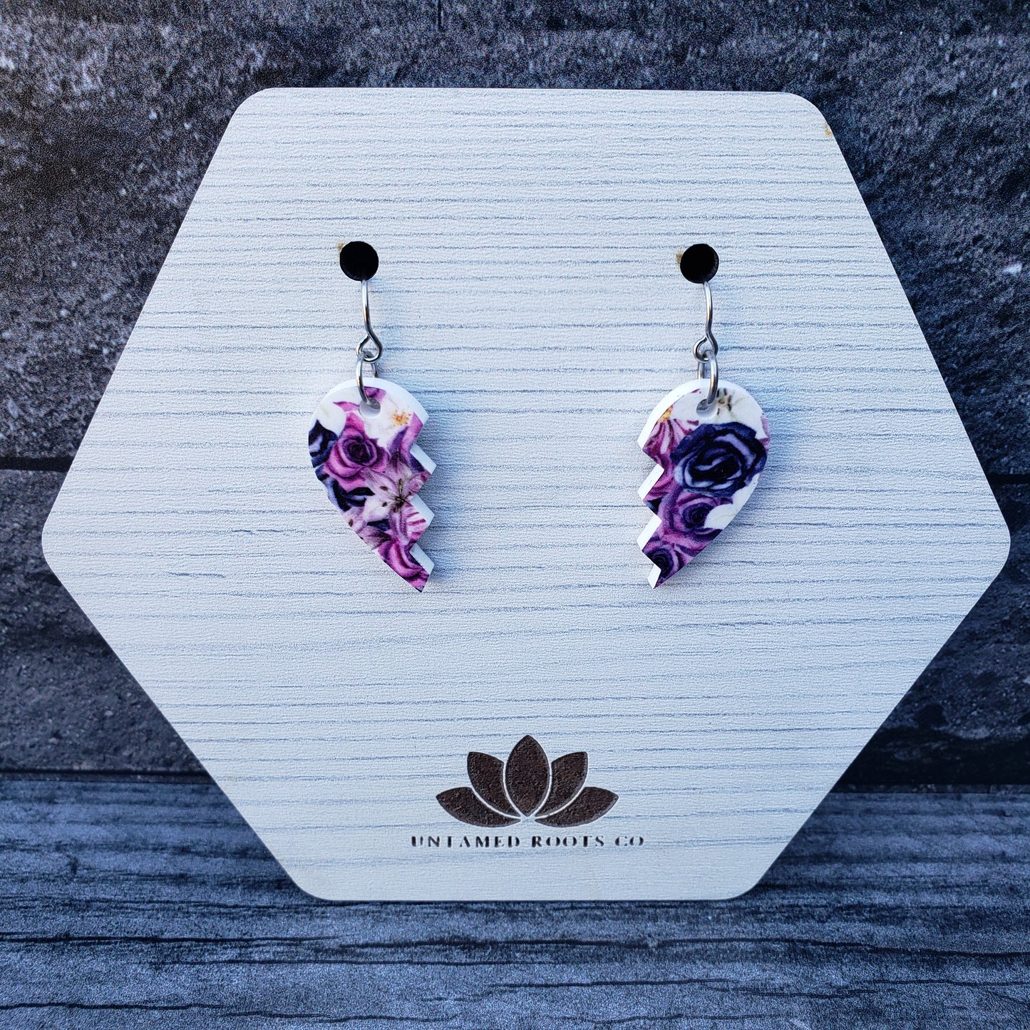 Purple Gothic Floral Broken Heart Earrings