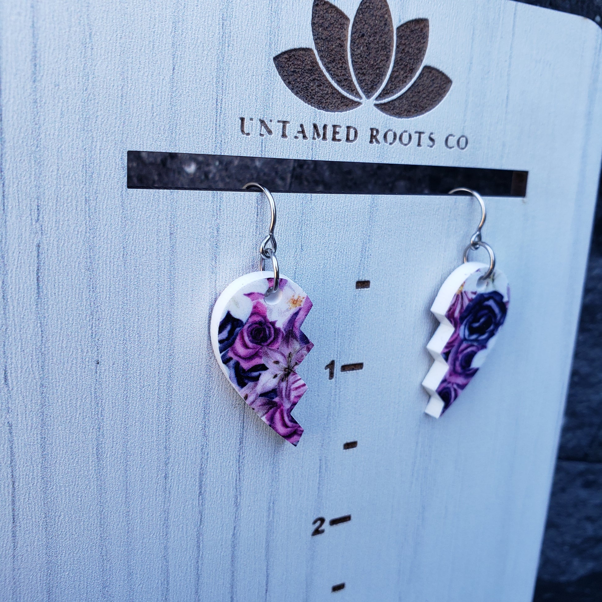 Purple Gothic Floral Broken Heart Earrings