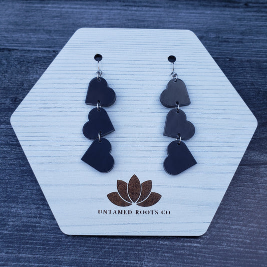 Black Tumbling Heart Earrings