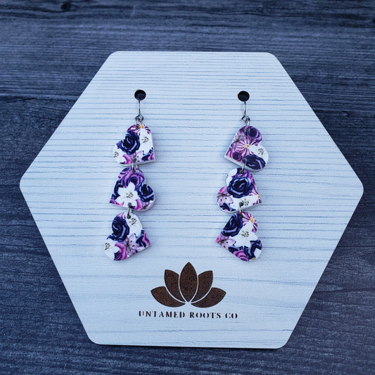 Purple Gothic Floral Tumbling Heart Earrings