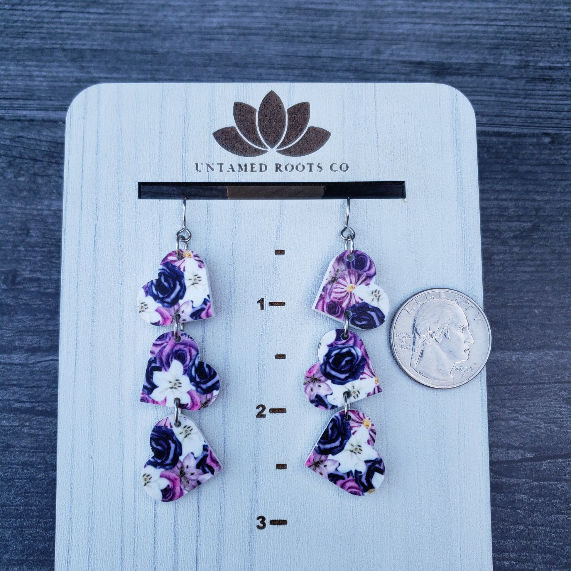Purple Gothic Floral Tumbling Heart Earrings