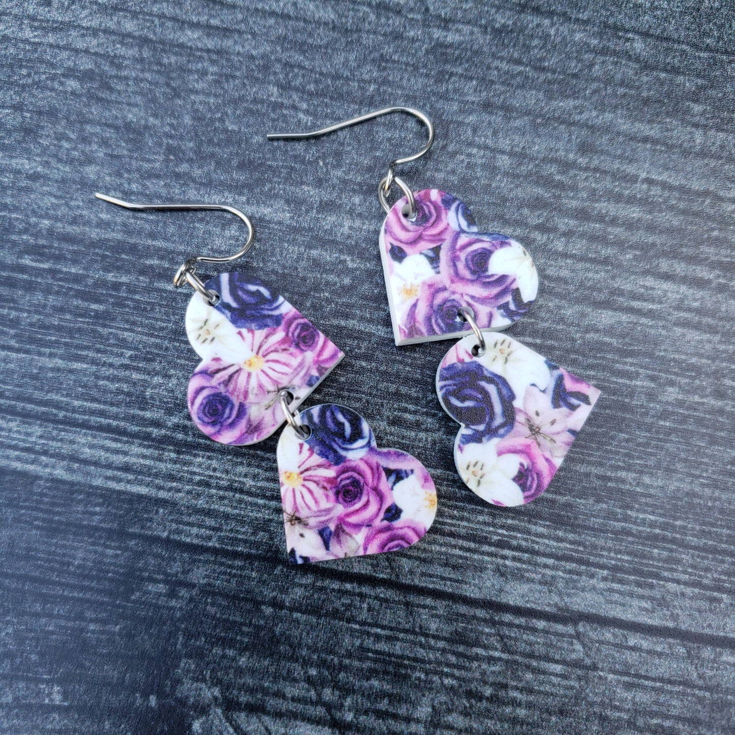 Purple Gothic Floral Tumbling Hearts Dangle Earrings (only 2 hearts)