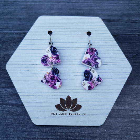 Purple Gothic Floral Tumbling Hearts Dangle Earrings (only 2 hearts)